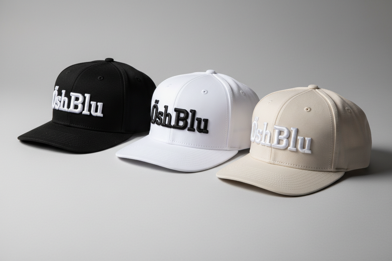 Genera una imagen con nuestra propia marca ÖshBlu en Gorras con siluetas 9fifty de nuestra propia marca con colores Negro-blanco Blanco hueso con blanco y que se vean de alta calidad. una misma o mejor calidad que el material echo de new era